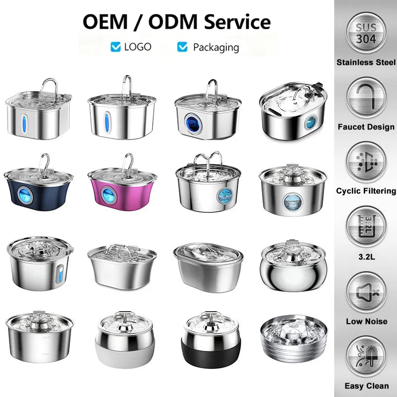 3.2L Stainless Steel Cat Fountain with Water Level Window USB Charging Sensor Pet Water Fountain Cat Dog Water Dispenser for Cat
