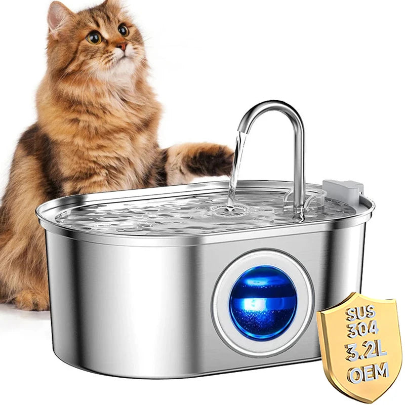 3.2L Stainless Steel Cat Fountain with Water Level Window USB Charging Sensor Pet Water Fountain Cat Dog Water Dispenser for Cat
