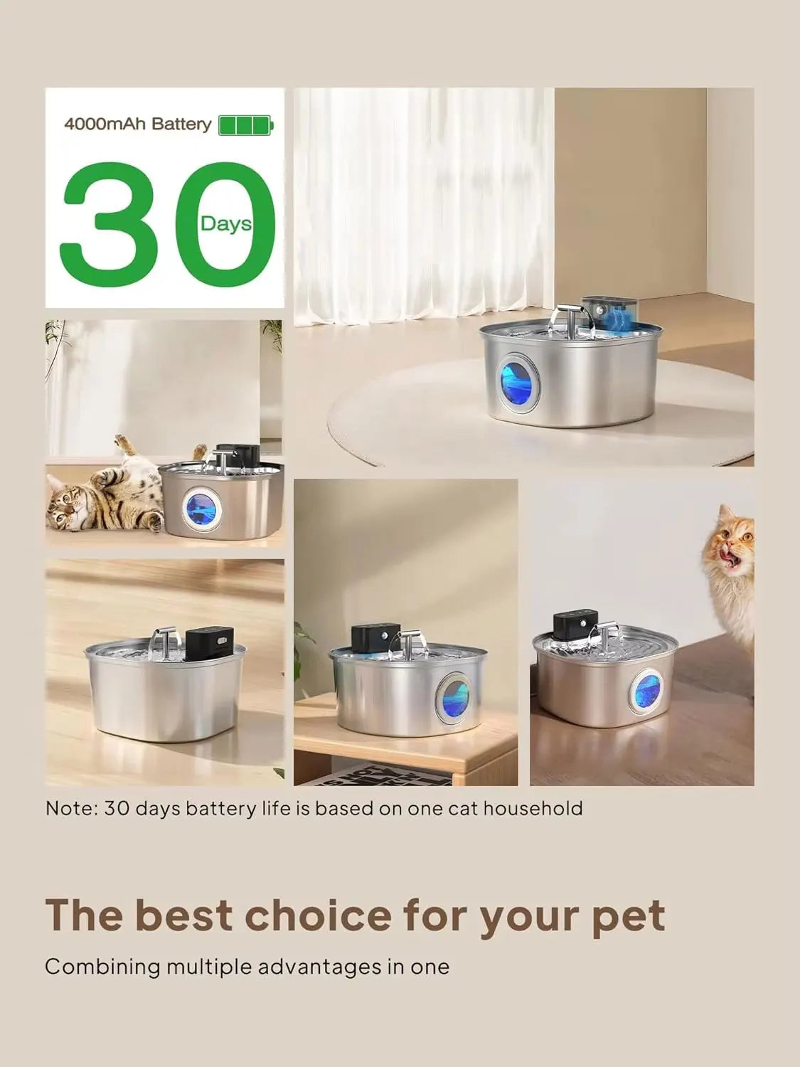 108oz/3.2L Stainless Steel Cat Water Fountain 4000mah Battery 3 Modes Wireless Automatic Pet Drinking Fountain Dual Outlet OEM