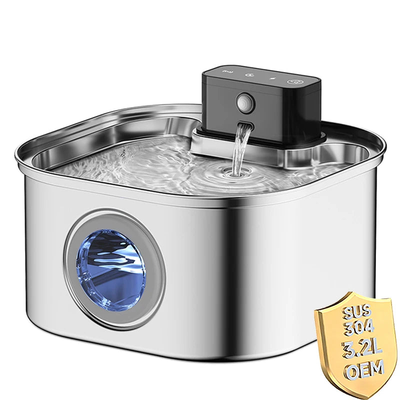 OEM 3.2L Stainless Steel Wireless Automatic Cat Dog Water Fountain Cordless 4000mah Battery Power Portable Motion Sensor Indoor