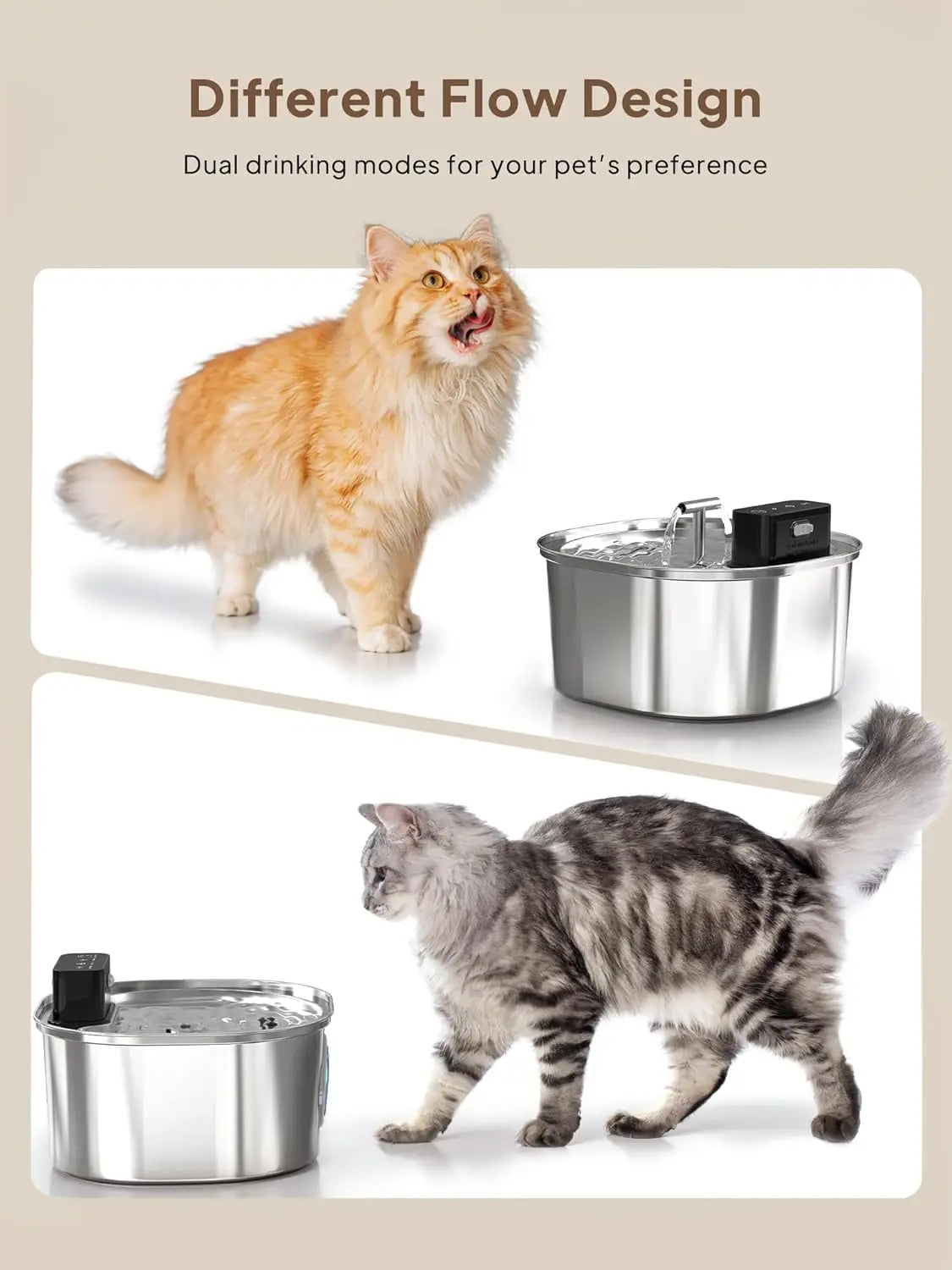 108oz/3.2L Stainless Steel Cat Water Fountain 4000mah Battery 3 Modes Wireless Automatic Pet Drinking Fountain Dual Outlet OEM