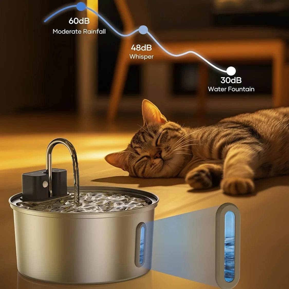 3.2L Wireless Induction Pet Water Dispenser with USB/Battery Stainless Steel Cat Fountain with Visible Window Remote Control