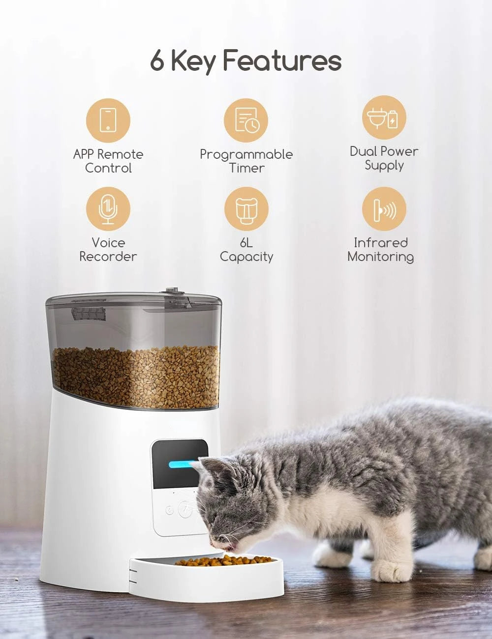 Automatic Pet Feeder 2.4G WiFi Enabled 6L Smart Food Dispenser for Cat Dogs with App Control Timer Voice Recorder up to 15 Meals