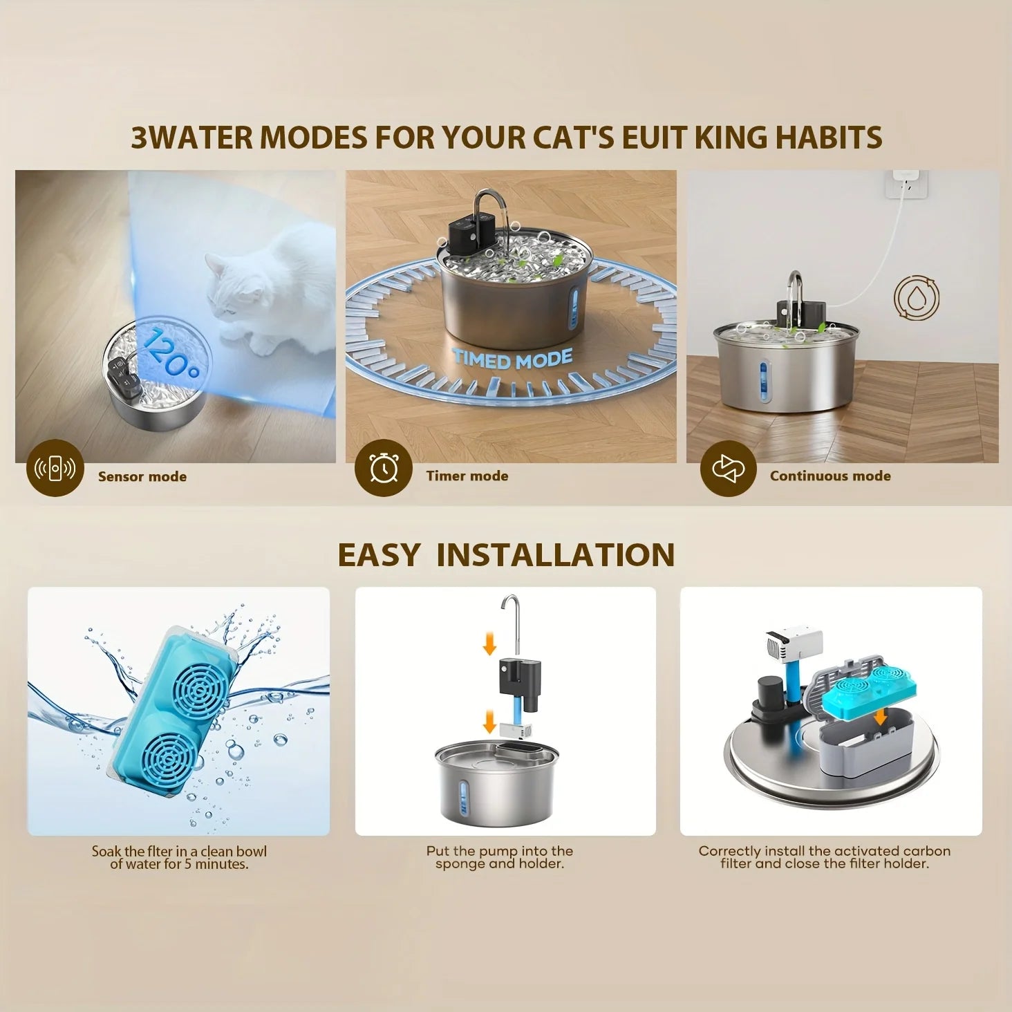 3.2L Wireless Induction Pet Water Dispenser with USB/Battery Stainless Steel Cat Fountain with Visible Window Remote Control