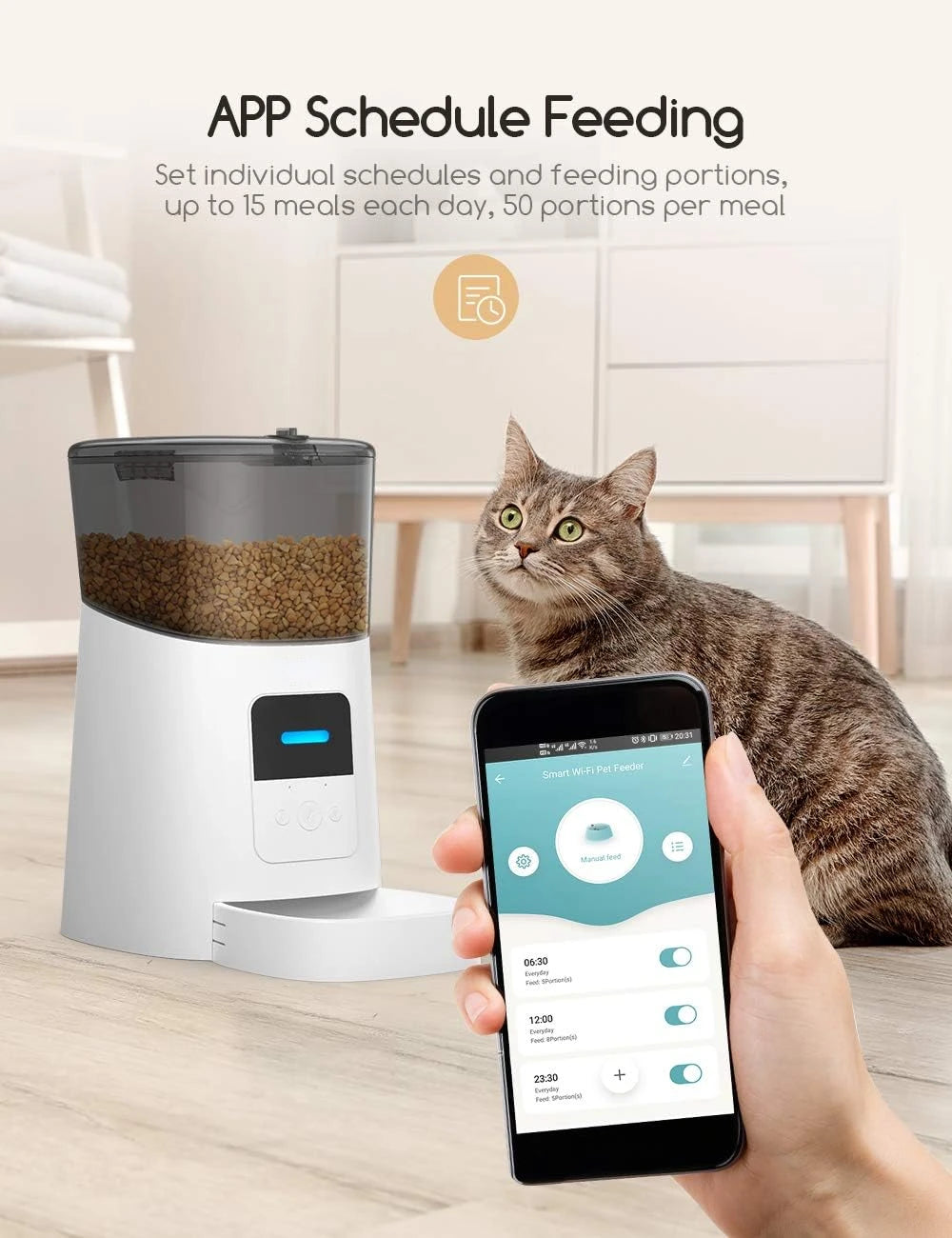 Automatic Pet Feeder 2.4G WiFi Enabled 6L Smart Food Dispenser for Cat Dogs with App Control Timer Voice Recorder up to 15 Meals