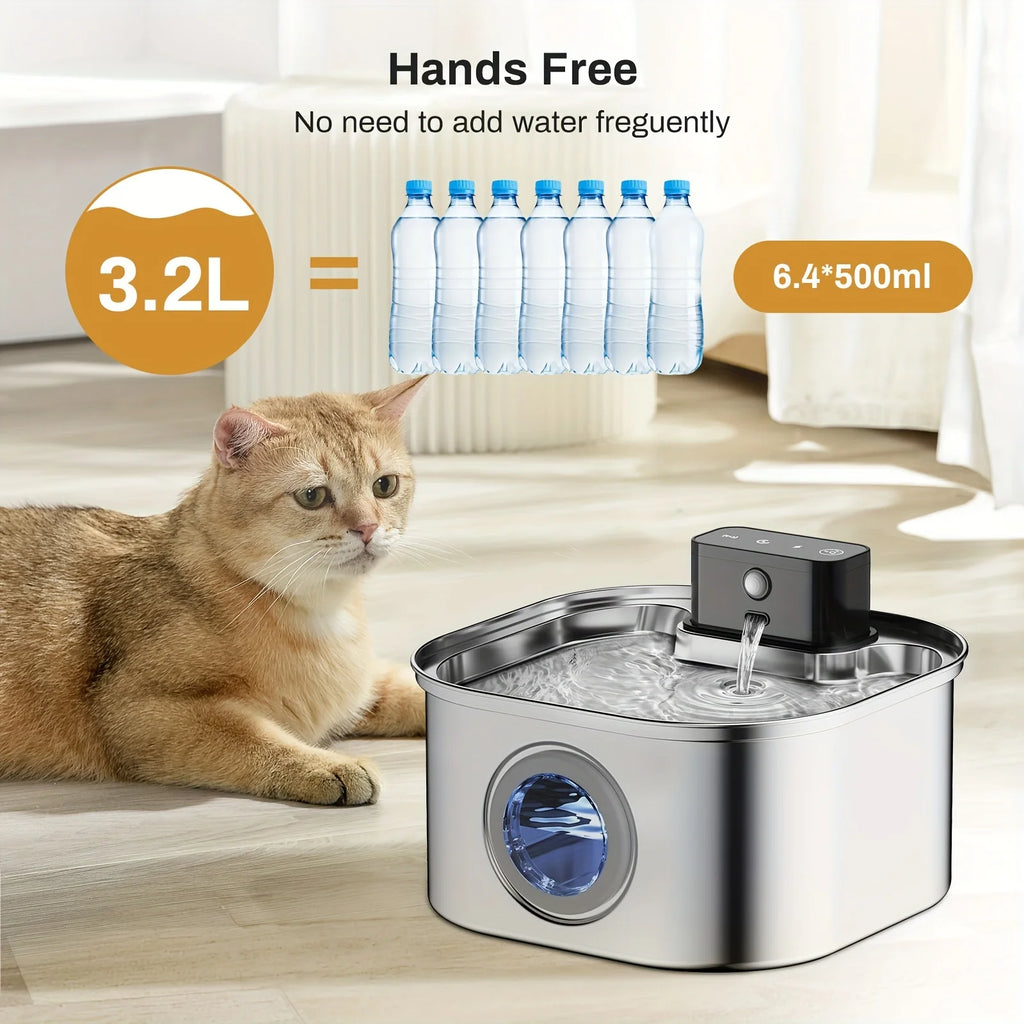 OEM 3.2L Stainless Steel Wireless Automatic Cat Dog Water Fountain Cordless 4000mah Battery Power Portable Motion Sensor Indoor