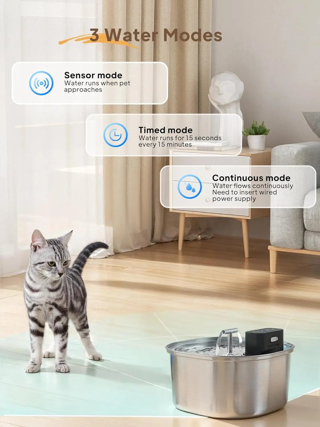 108oz/3.2L Stainless Steel Cat Water Fountain 4000mah Battery 3 Modes Wireless Automatic Pet Drinking Fountain Dual Outlet OEM