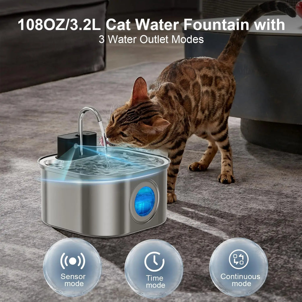 OEM 4000MAh Wireless Cat Water Fountain Rechargeable Faucet Stainless Steel Battery Sensor Cat Fountain 3.2L/108oz with Filters